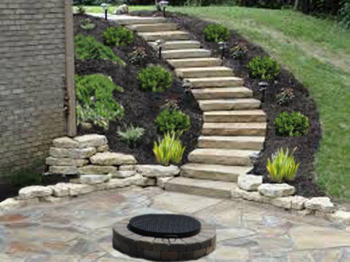 Curved stone steps in a landscaped garden beside a brick wall, with dark mulch and shrubs.