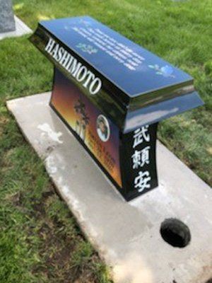 Decorated roadside utility box with “HASHIMOTO” on top, beside grass and a concrete base