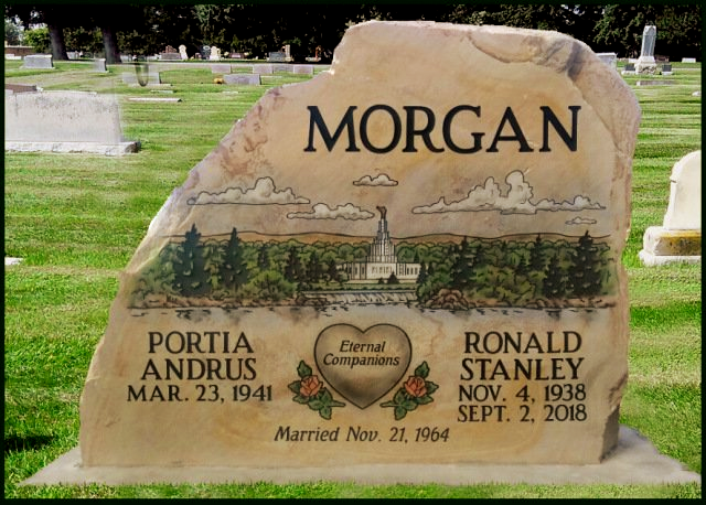 Tan granite gravestone with “MORGAN,” Portia Andrus and Ronald Stanley, engraved mountain and heart.