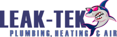 Logo for Leak-Tek Plumbing, Heating & Air featuring a shark wearing pink sunglasses.