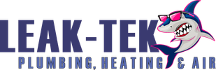 Logo for Leak-Tek Plumbing, Heating & Air featuring a shark wearing pink sunglasses.