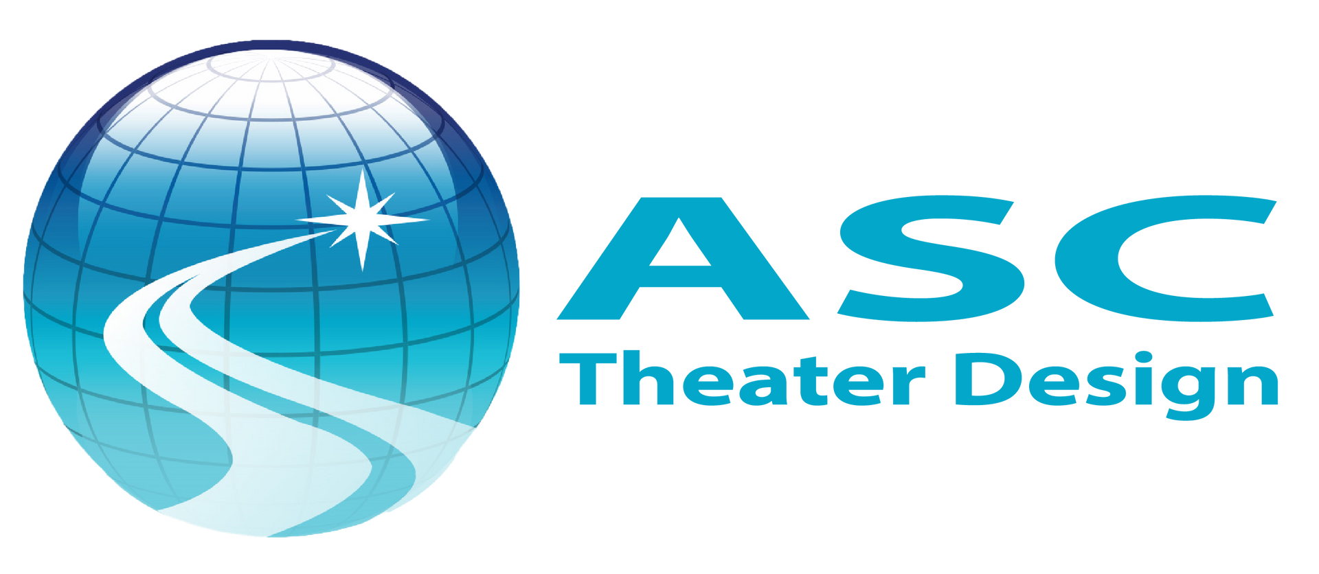 A logo for asc theater design with a globe and a star