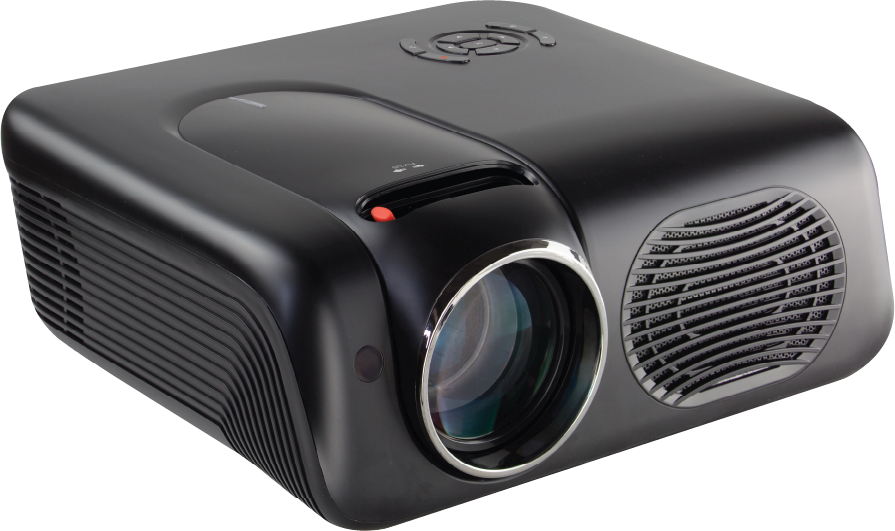 A black projector with a red light on it