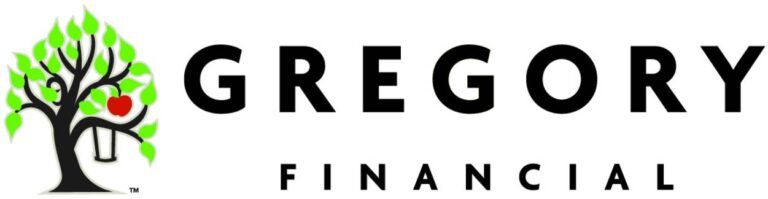 Logo of Gregory Financial with a tree and apple icon.
