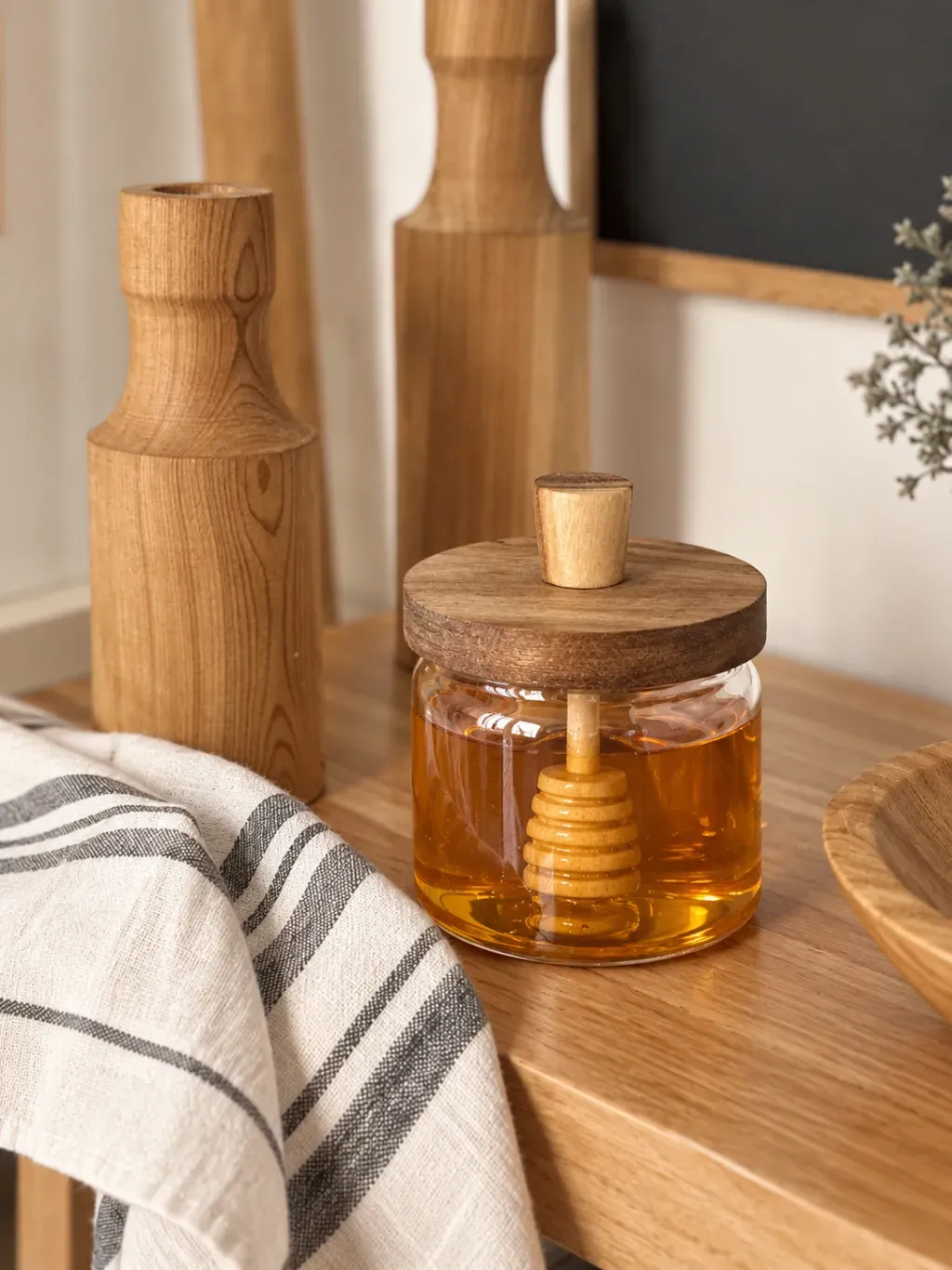 Mielera de vidrio con tapa acacia