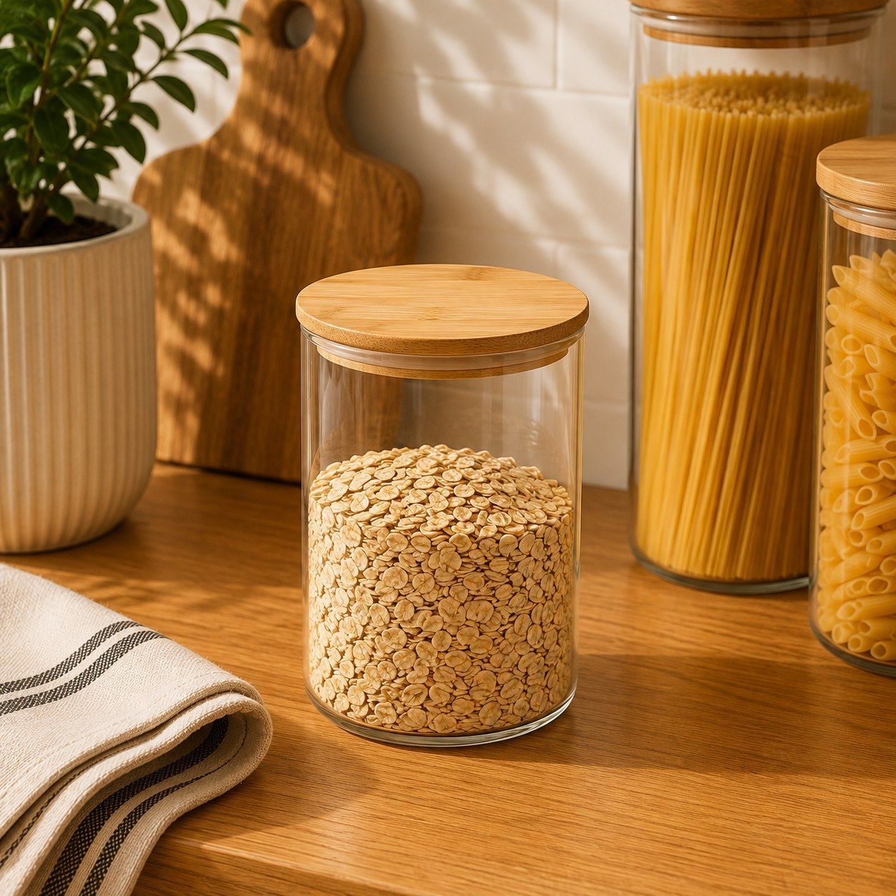 FRASCO DE VIDRIO CON TAPA DE BAMBU 1050 ml.