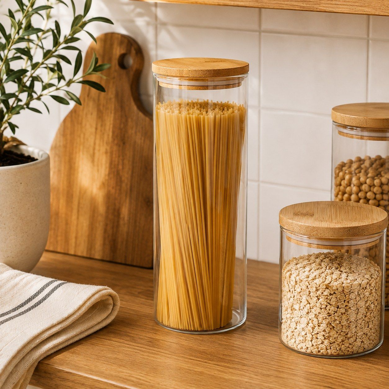 FRASCO DE VIDRIO CON TAPA DE BAMBU - 1200 ml.