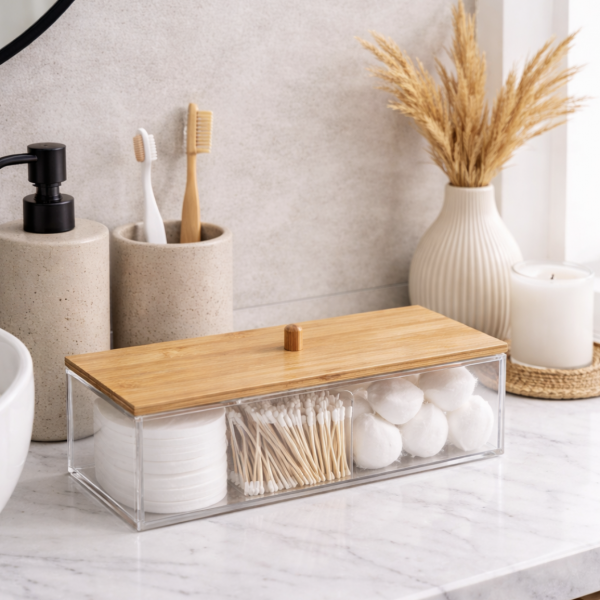 Organizador de encimera para baño con tapa de bambú, bastoncillos de algodón, discos desmaquillantes y accesorios de baño.