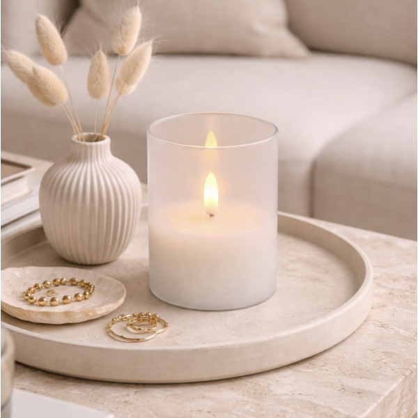 Vela recipiente de vidrio blanca