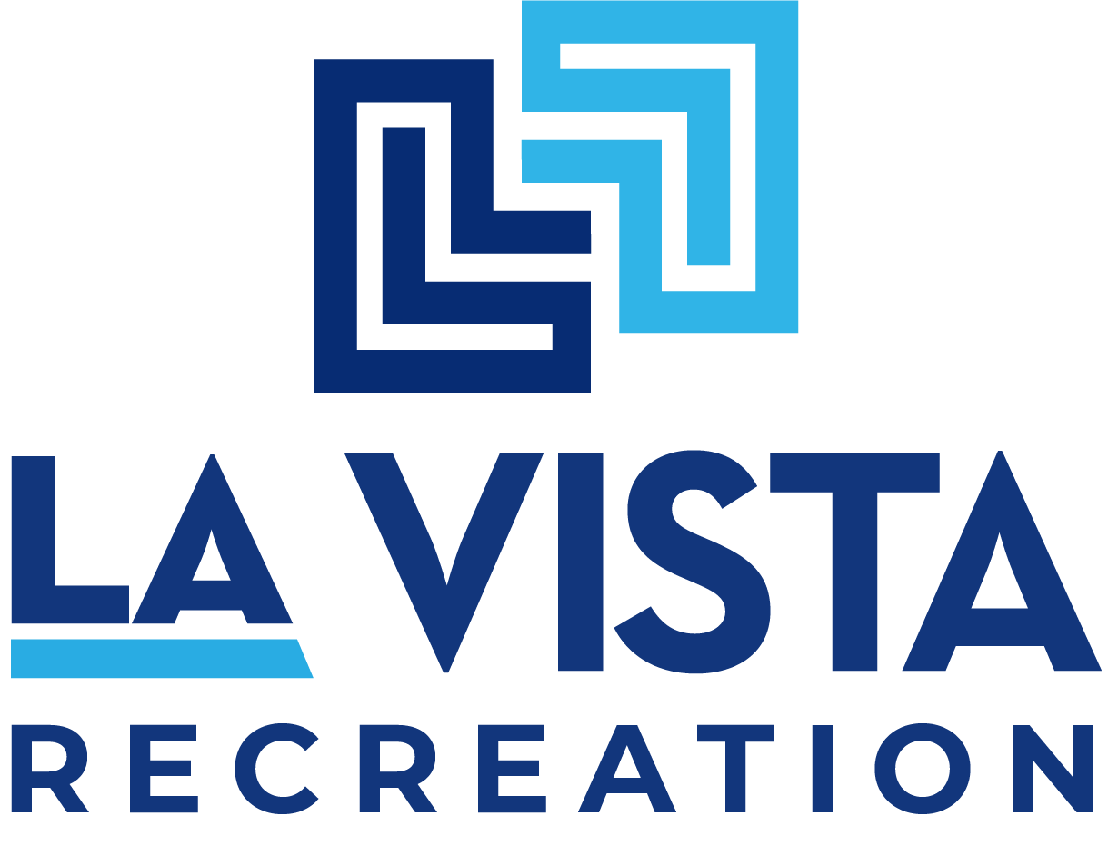 La Vista Recreation logo with blue and light blue geometric icon and bold text