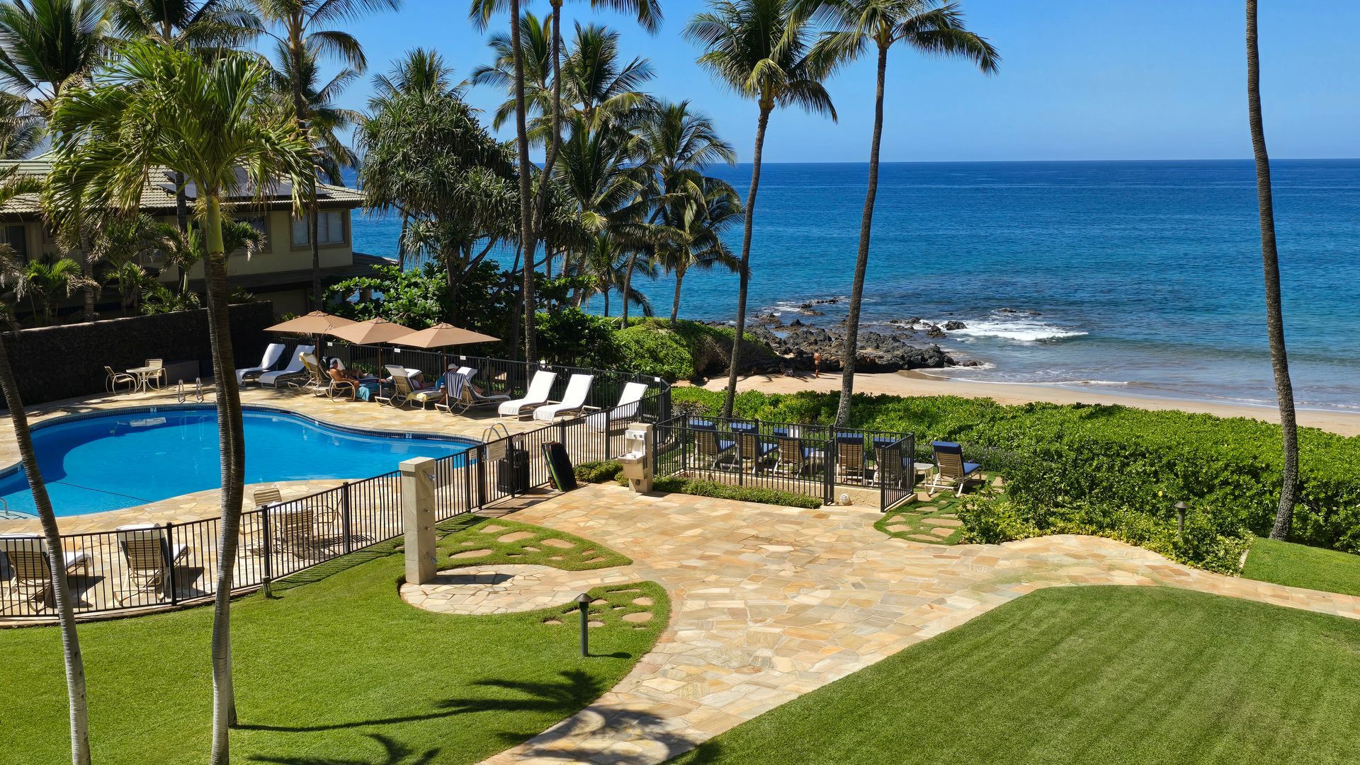 A resort with a pool, beach, and ocean under a blue sky, palm trees surround the scene.