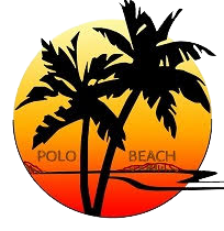 Silhouette of palm trees against a sunset over a beach, with 