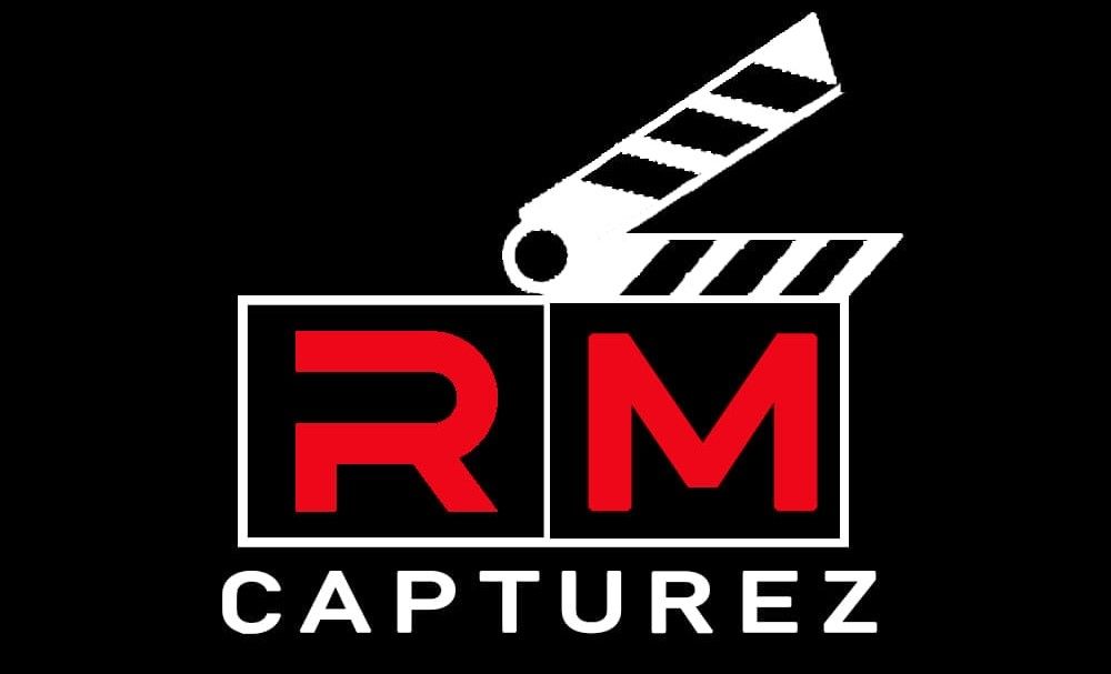 Logo with a white outlined square containing the red letters "RM", clapperboard, and the word "CAPTUREZ" in white.
