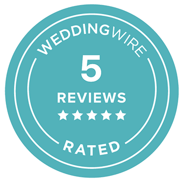 WeddingWire badge: 5-star rated, turquoise circle with white text:
