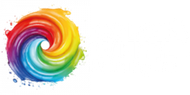 Multicolored rainbow spiral logo with paint-like brushstrokes on a white background