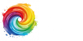 Multicolored rainbow spiral logo with paint-like brushstrokes on a white background