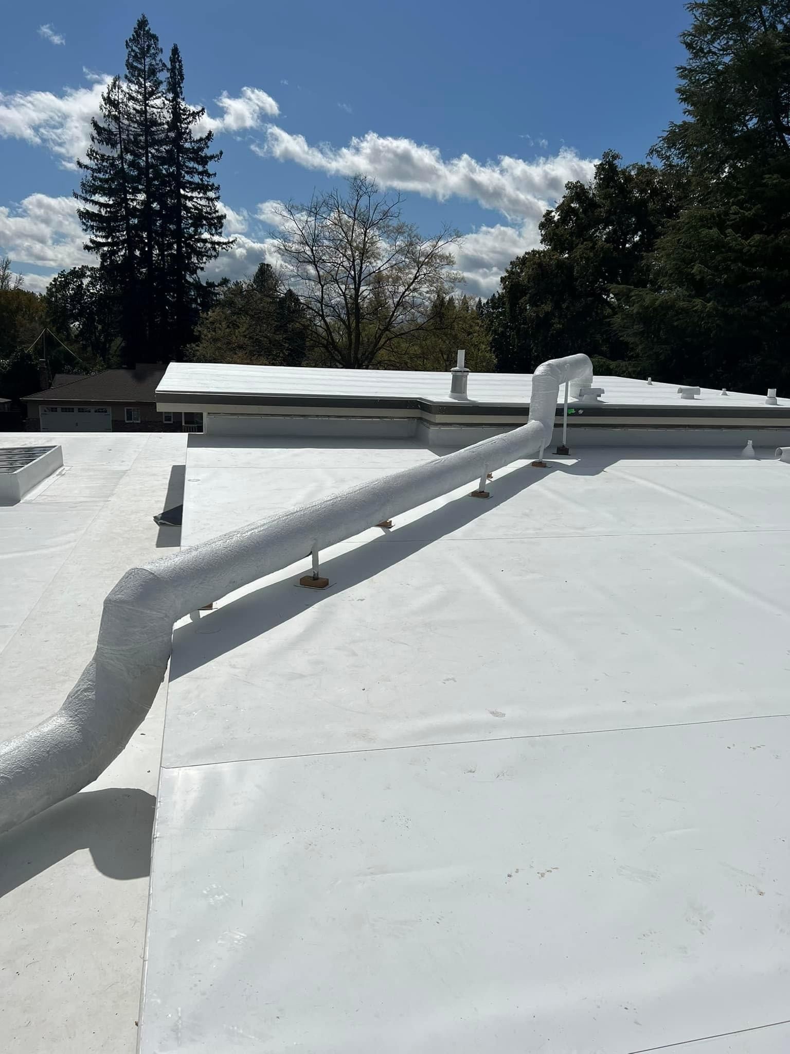 A white roof with a pipe on it and trees in the background.