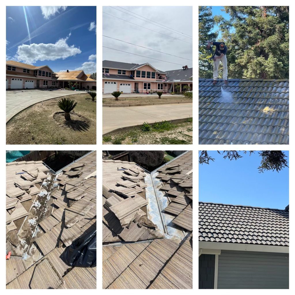 A collage of pictures of a roof being repaired.
