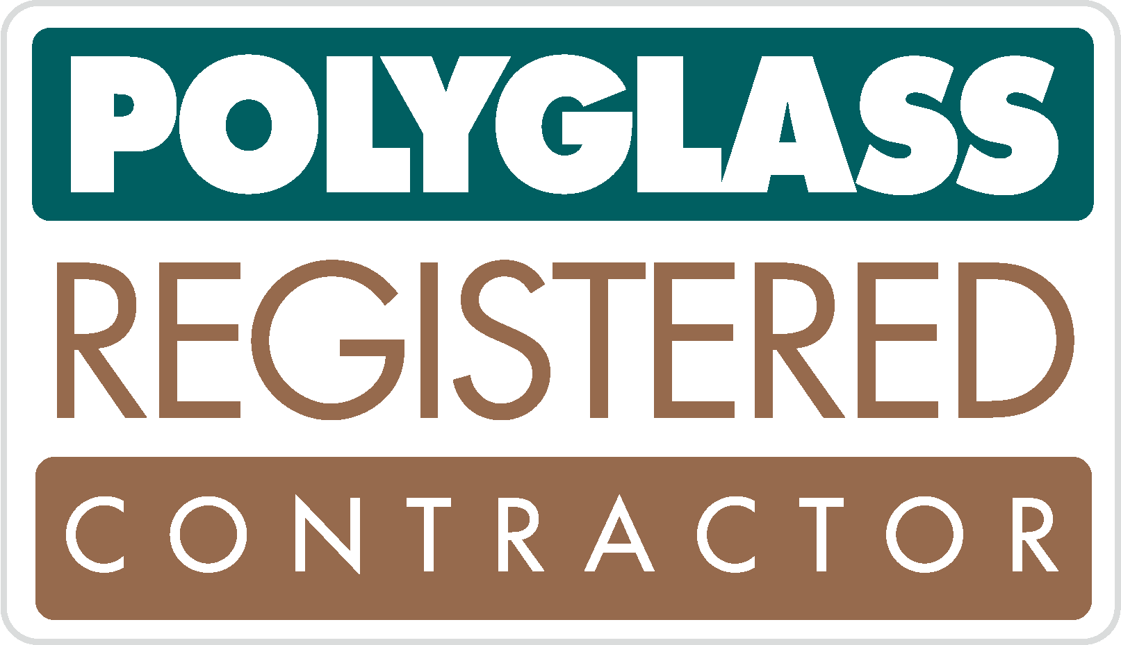 POLYGLASS Registered Contractor logo in teal, brown, and white