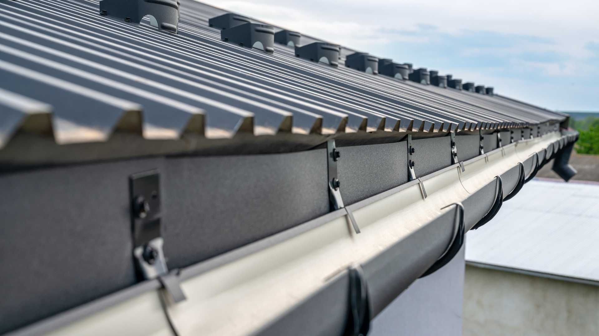 A low-angle view of a dark metal roof edge with a gutter system installed along the fascia board.