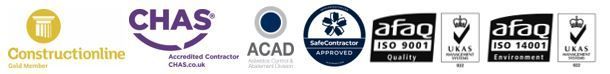 UK construction accreditations: Constructionline, CHAS, Acclaim Safety, ISO 9001, ISO 14001, ISO 45001 logos
