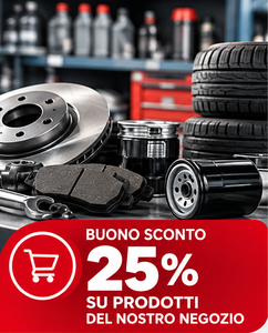 Promozione per auto con ricambi e pneumatici, banner rosso «Buono sconto 25%» del negozio.