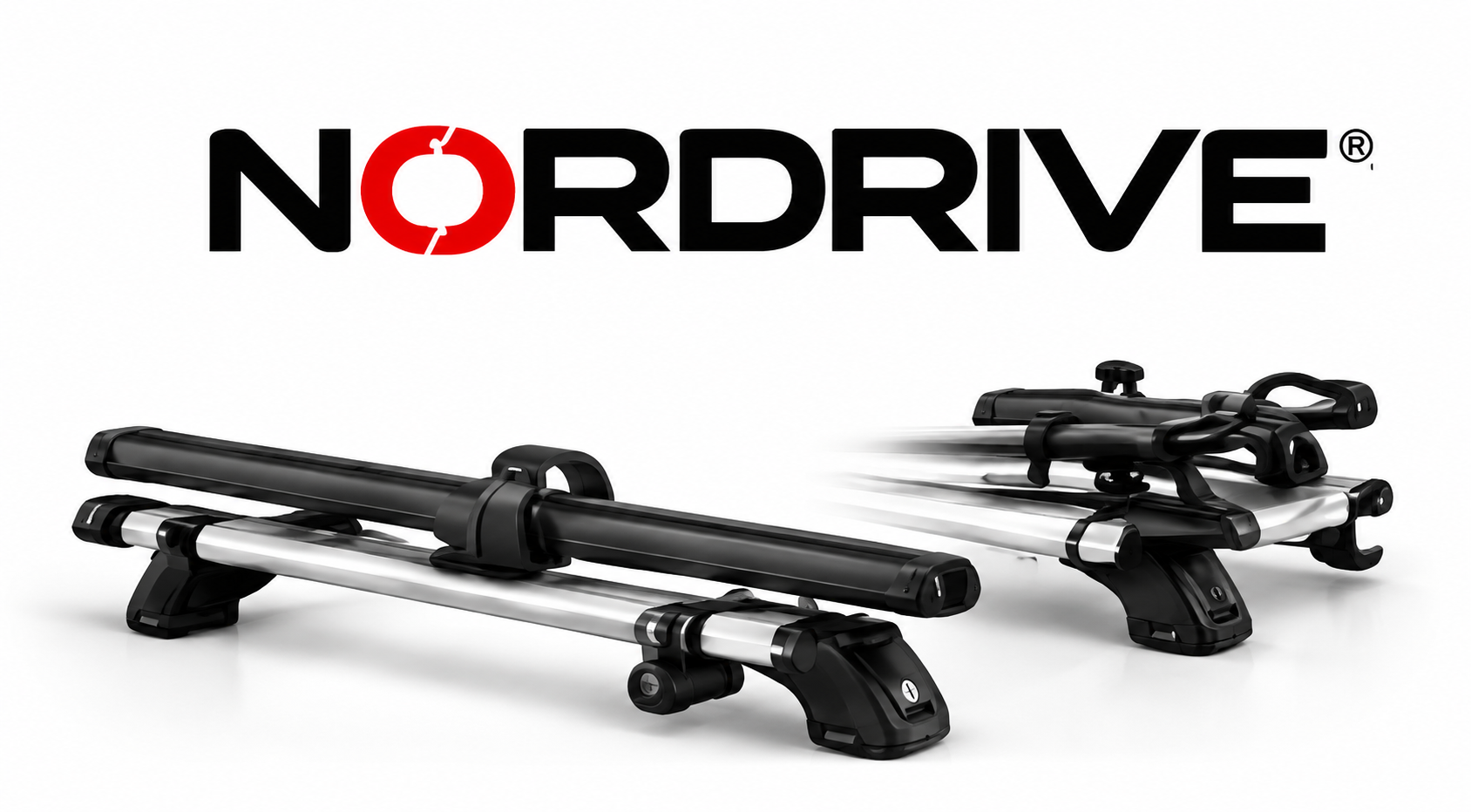 Sistema di barre portatutto da tetto NORDRIVE VAPE nero, raffigurato con diverse configurazioni di montaggio su sfondo bianco