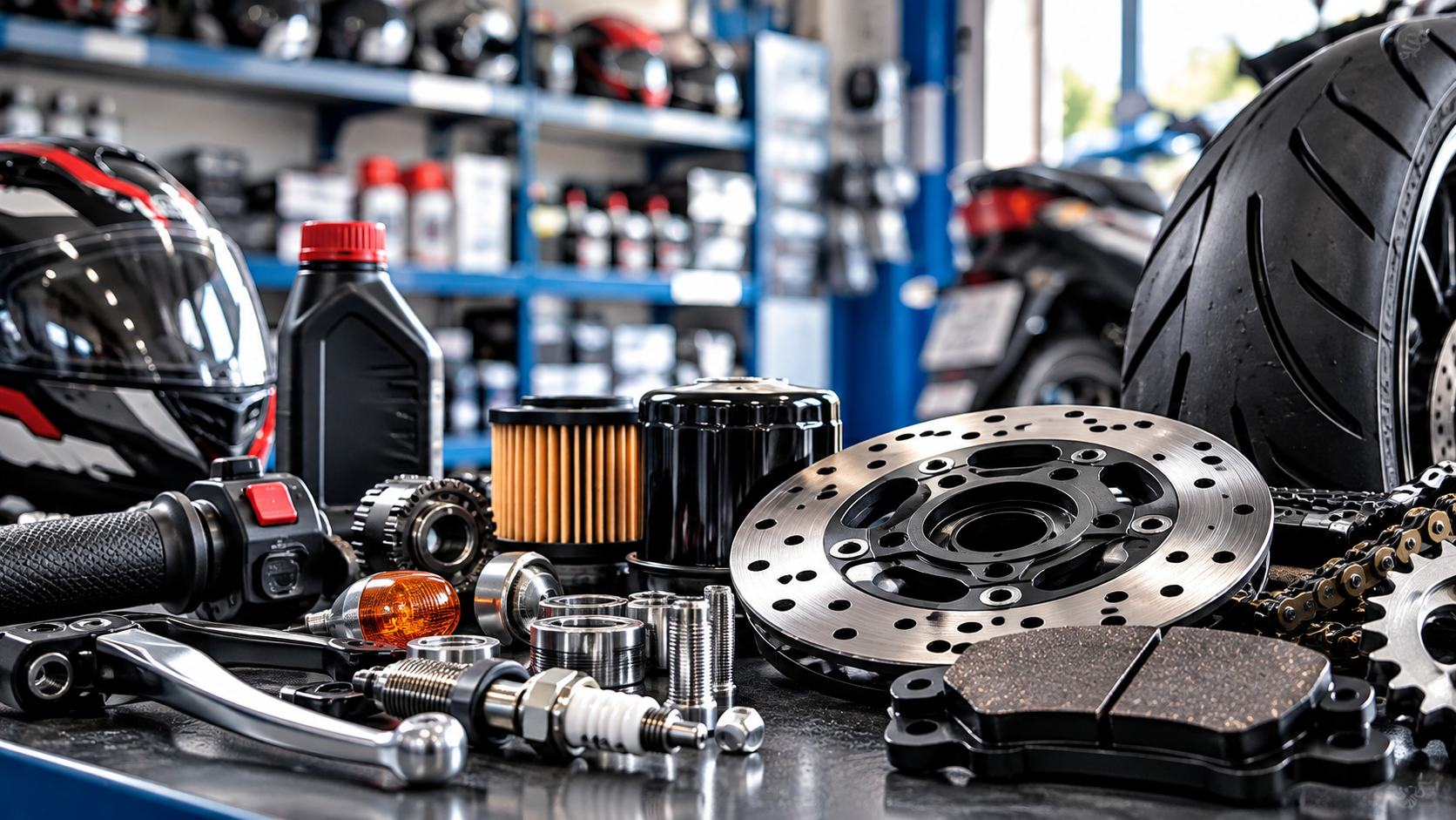 Componenti e ricambi per motori automobilistici disposti su uno sfondo bianco, tra cui alloggiamenti, cinghie e filtri