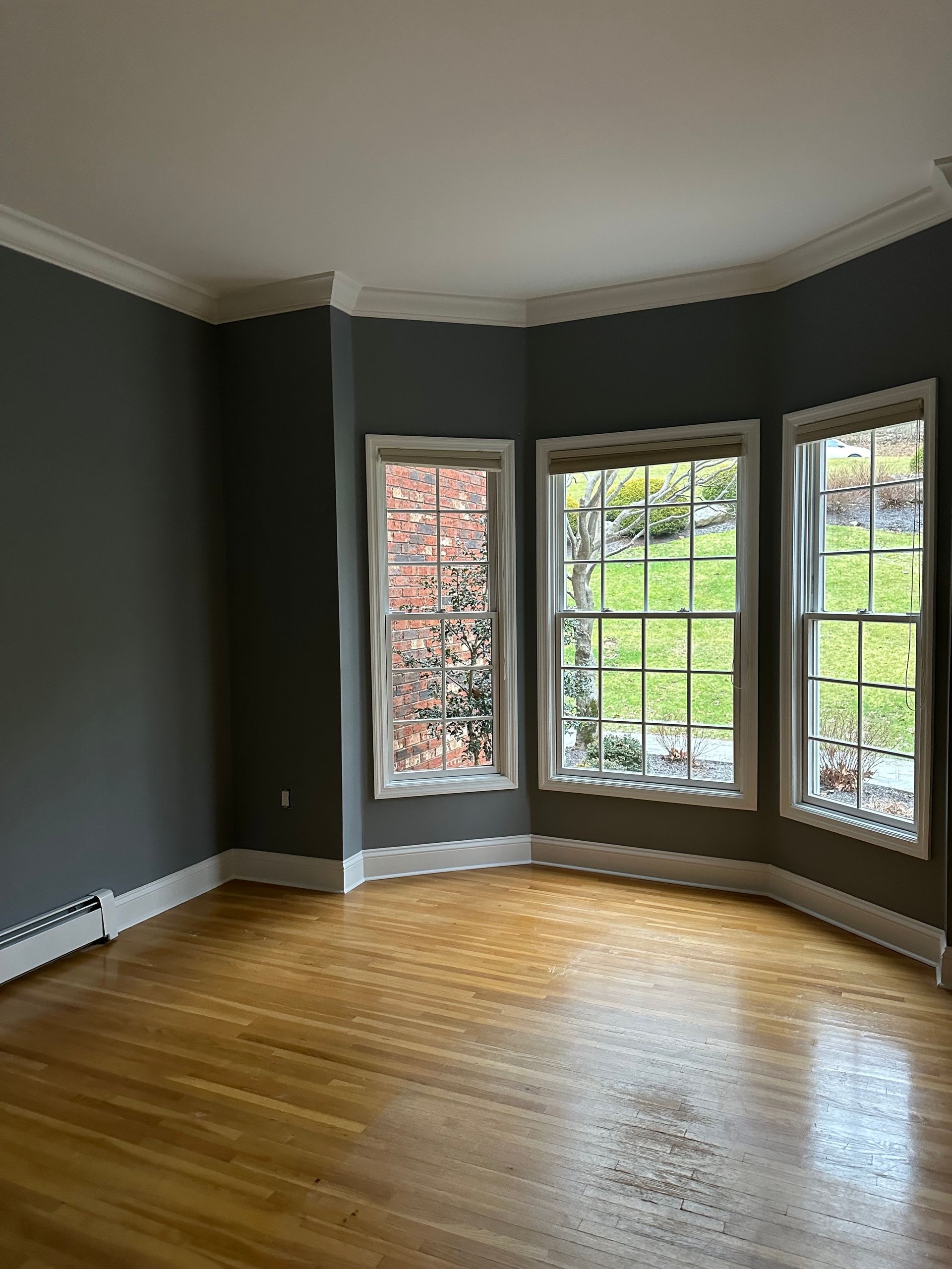 An empty living room with hardwood floors and three windows.