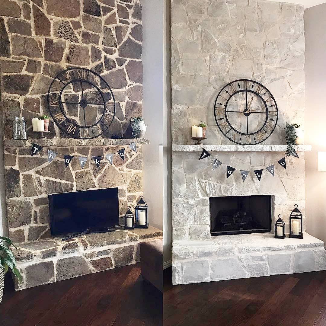 A before and after picture of a stone fireplace in a living room.