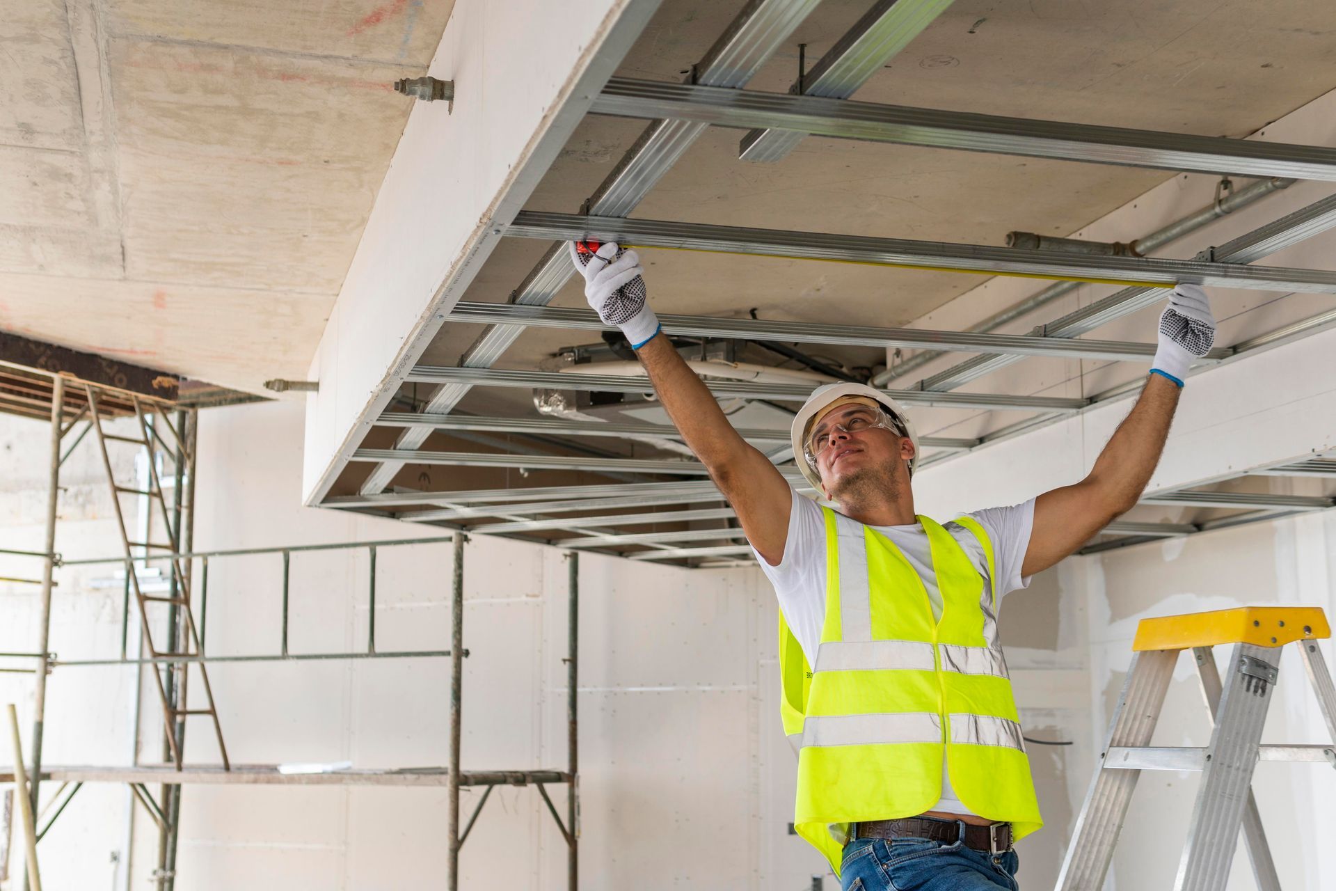 A construction worker is working on the ceiling of a building.