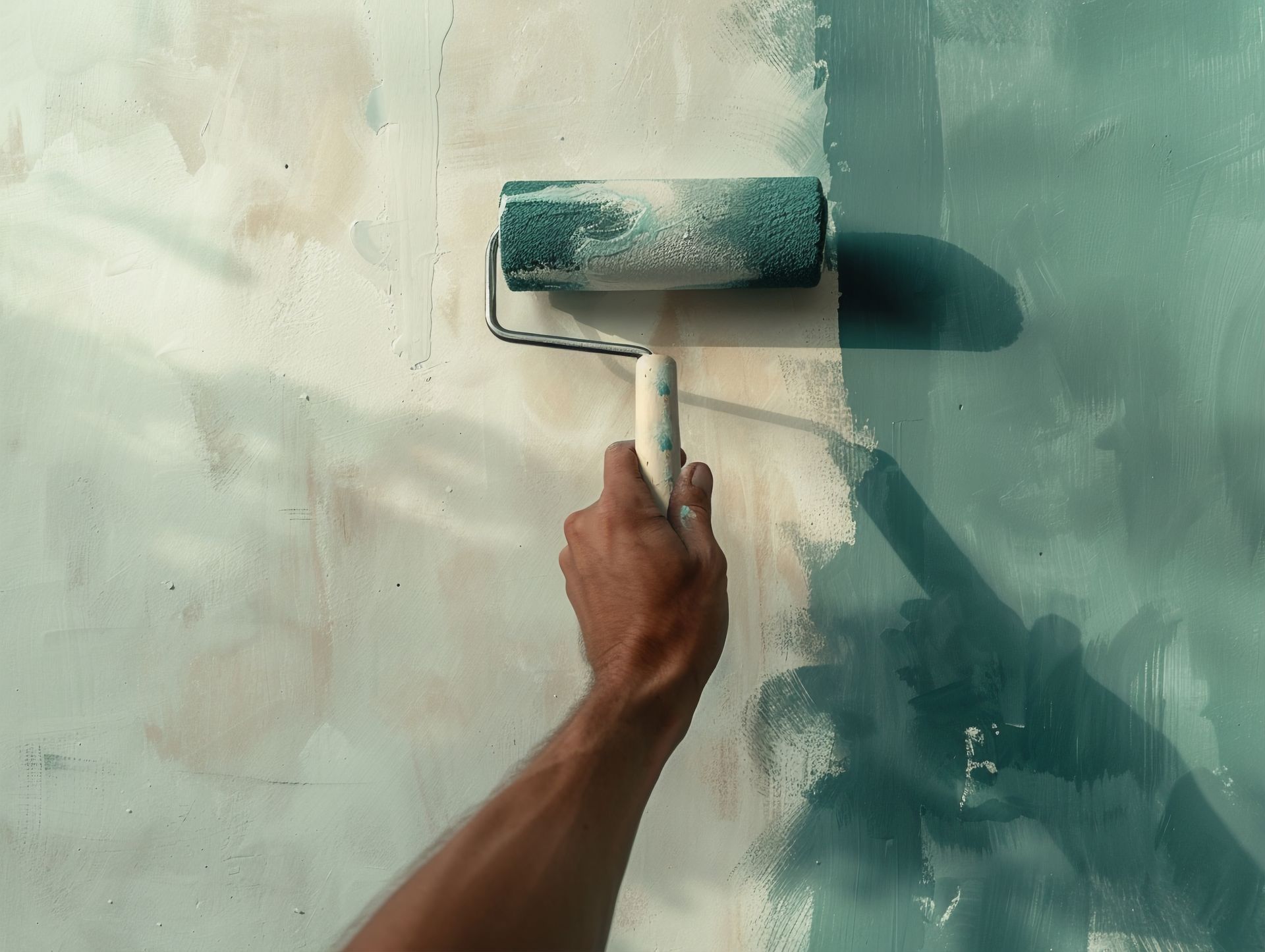 A person is painting a wall with a paint roller.