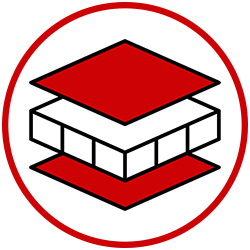 A red and white icon of a stack of boxes in a circle. A red and white icon of a stack of boxes in a circle.