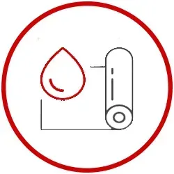 An icon of a roll of paper with a drop of liquid on it in a red circle. An icon of a roll of paper with a drop of liquid on it in a red circle.