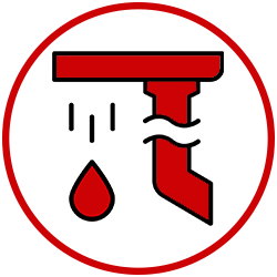 A red drainpipe with a drop of water coming out of it in a red circle. A red drainpipe with a drop of water coming out of it in a red circle.