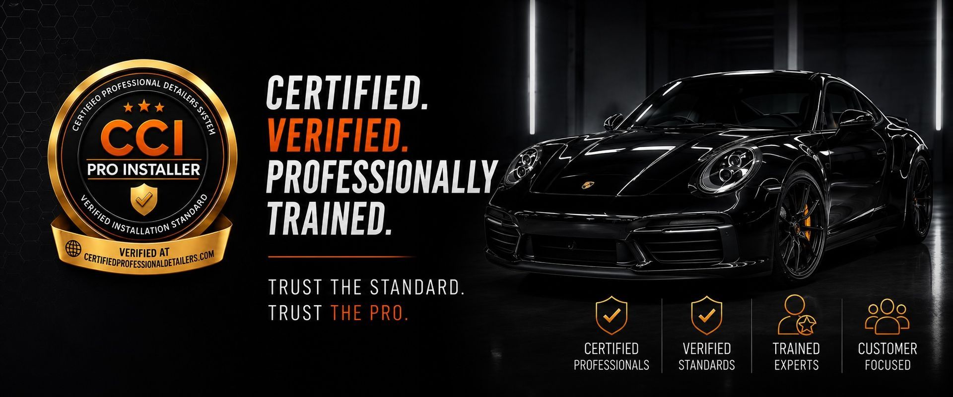 CCI certified black sports car with gold badge and verification icons on a dark background