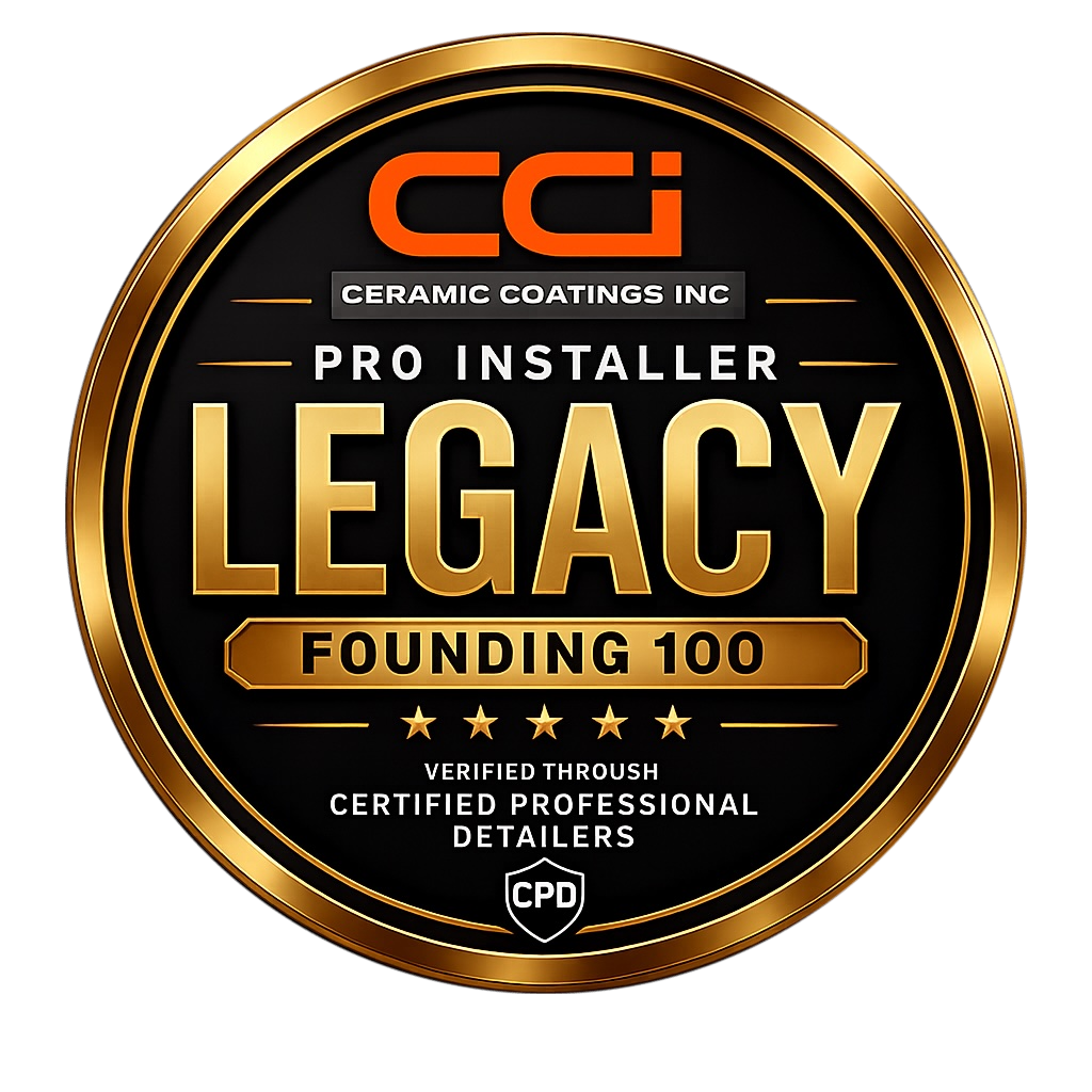 Gold-and-black circular badge reading “CCI Legacy Founding 100 Pro Installer” with certified professional detailers text