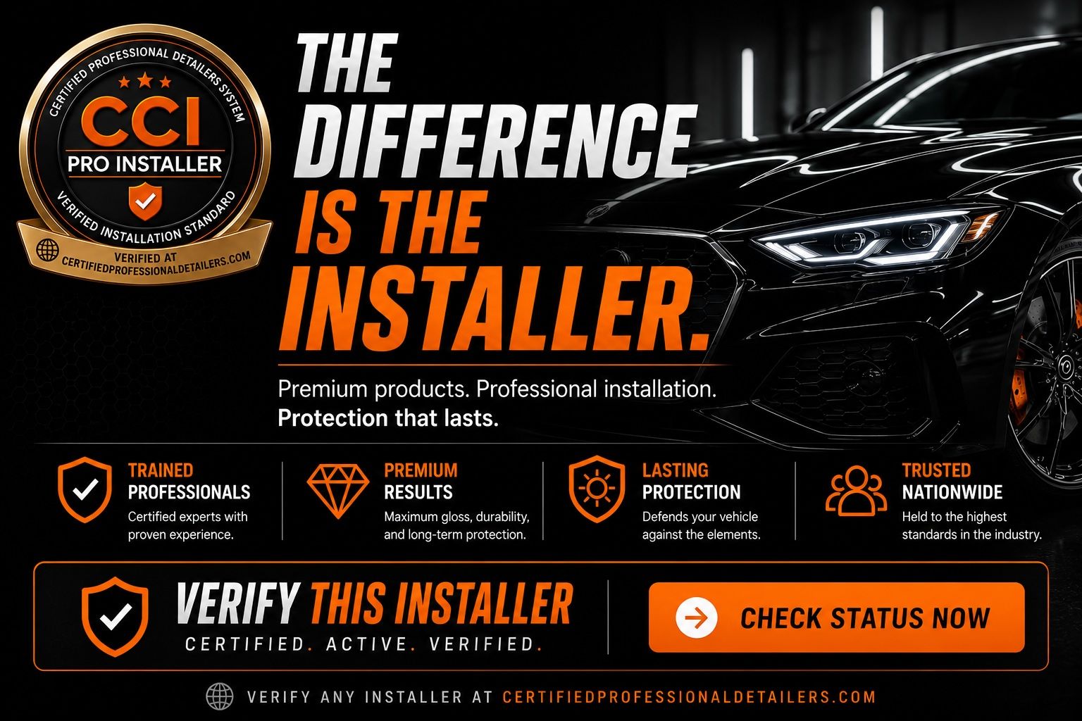 CC1 Pro Installer ad: black sports car, orange text “The Difference Is the Installer,” and “Verify This Installer” button