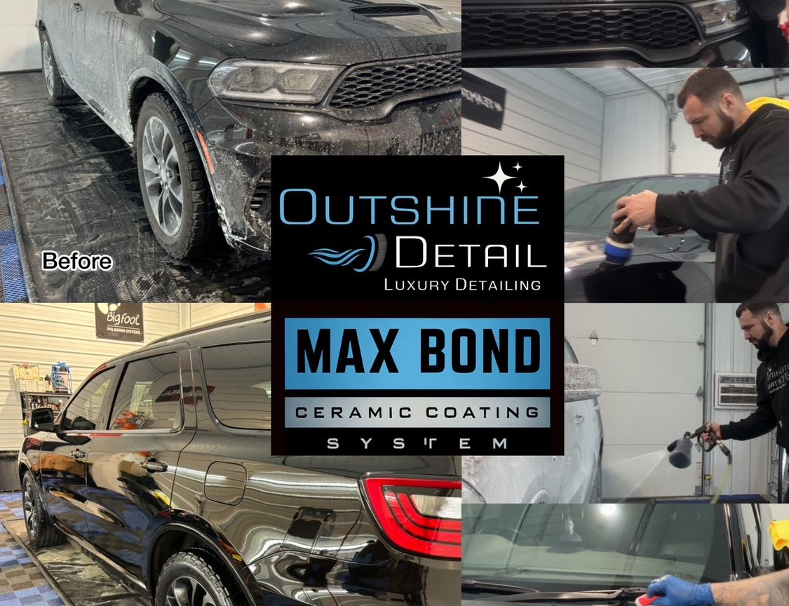 Black SUV ceramic coating process, before/after. Man applying product.