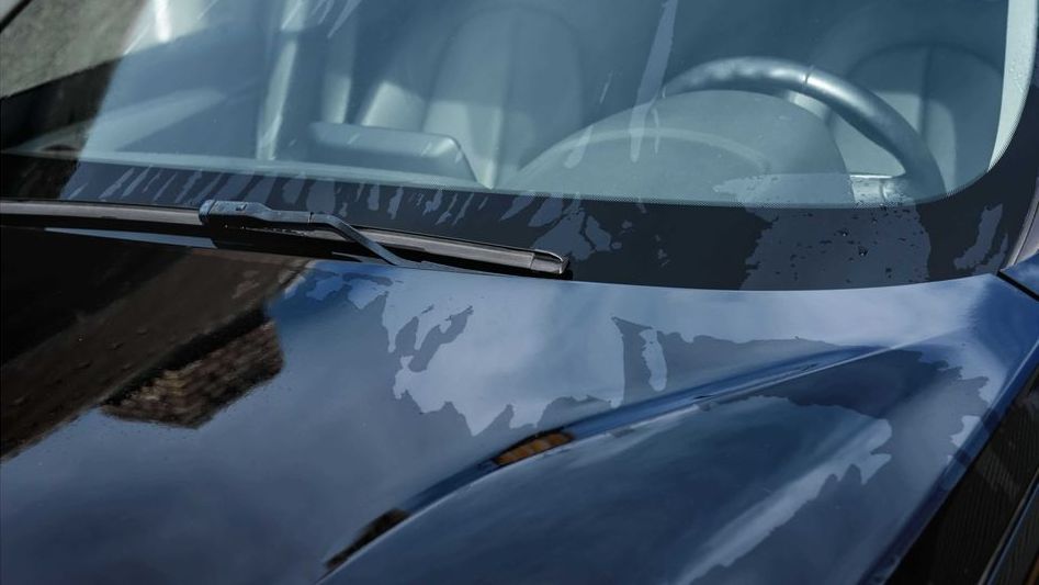 Black car hood with water, windshield with wipers, and interior visible.