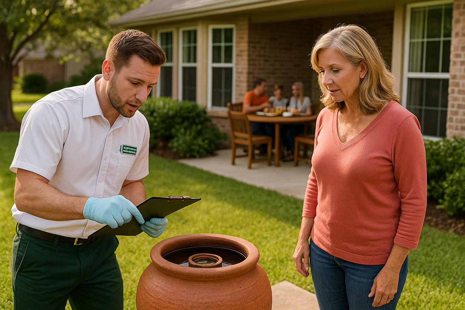 Pest control technician identifying mosquito breeding sites in Southlake yard
