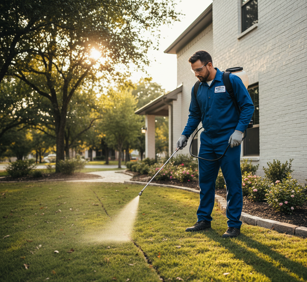 Professional pest control technician treating Southlake home exterior