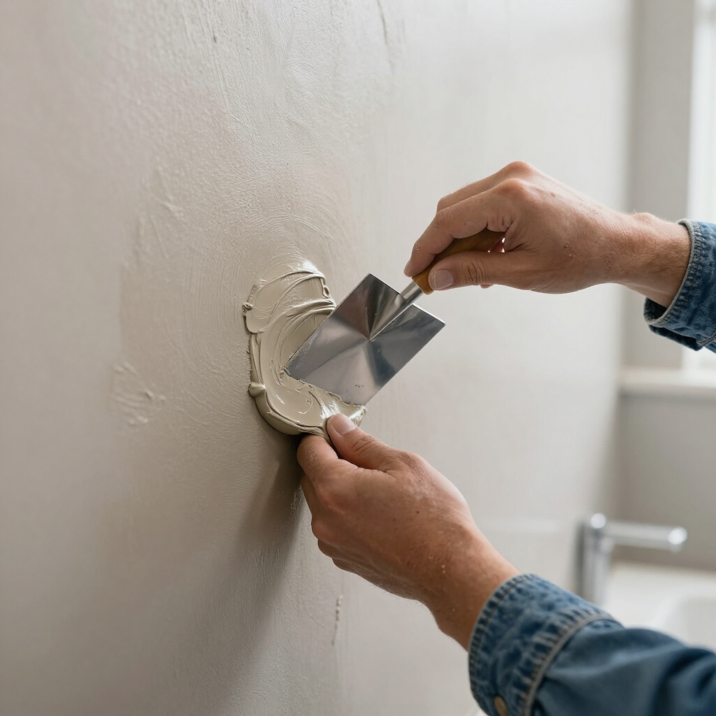 Handen die met een metalen plamuurmes plamuur op een muur aanbrengen.