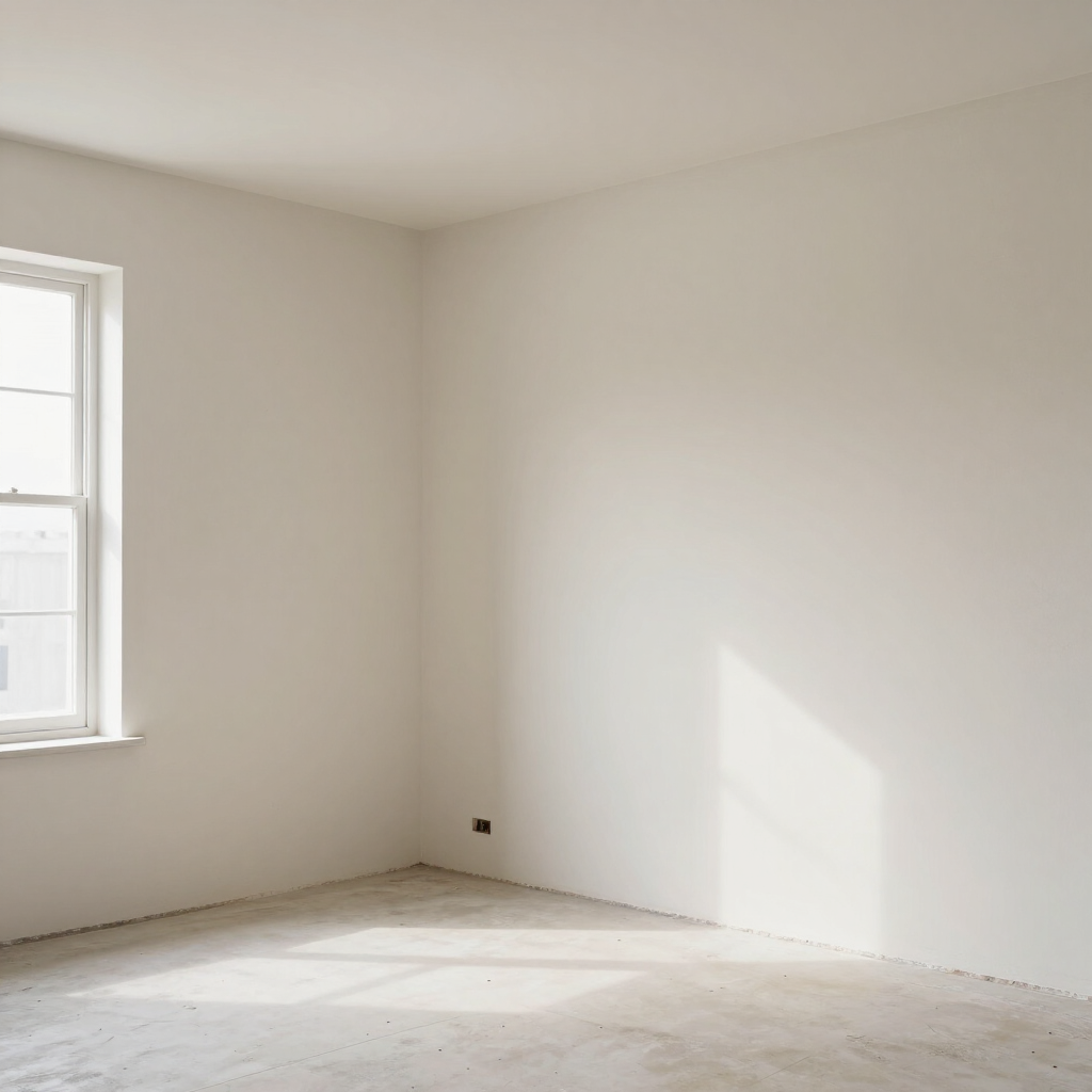 Een lege, witte kamer met een raam, waar het zonlicht een schaduw werpt op de muur en de vloer.
