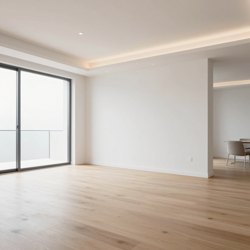 Lichte, lege, moderne kamer met lichte houten vloeren, witte muren en grote glazen schuifdeuren.