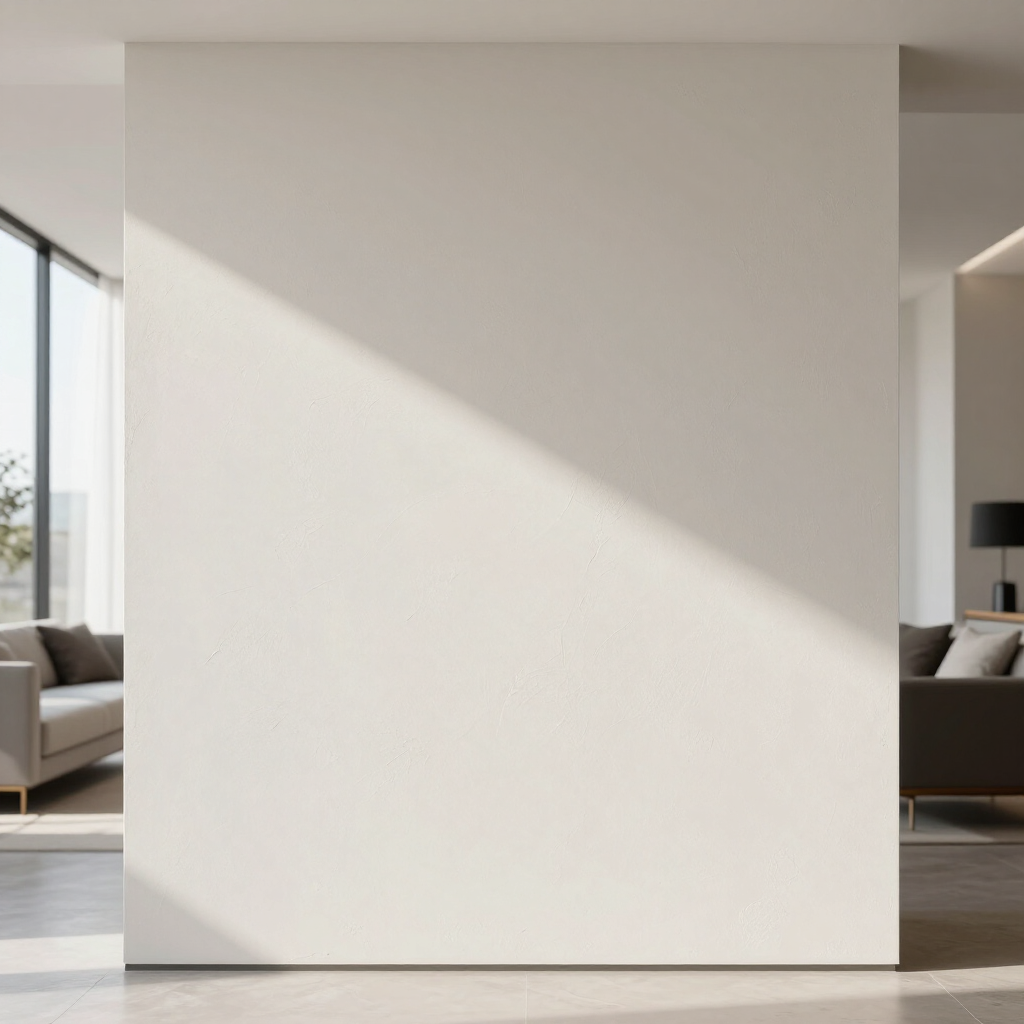 Minimalistische witte muur in een lichte, moderne woonkamer met zonlicht en banken aan de randen.
