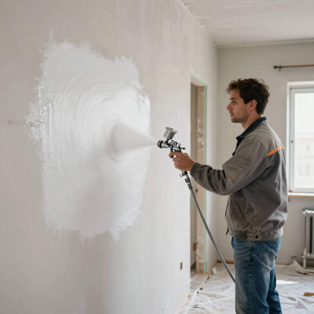 Iemand spuit witte verf op een muur tijdens het schilderen van een lichte kamer.
