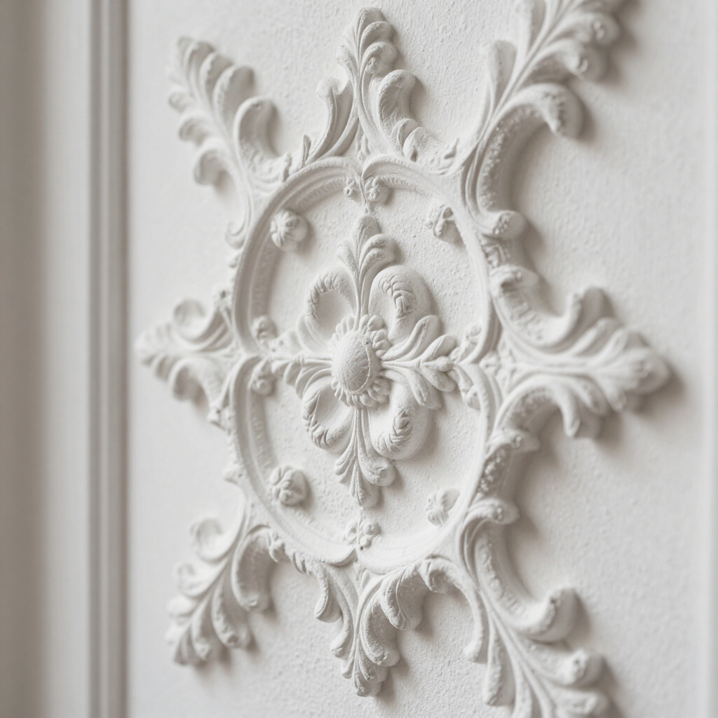 Witte, decoratieve bloemenreliëf met symmetrisch krulwerk op een muur met textuur.
