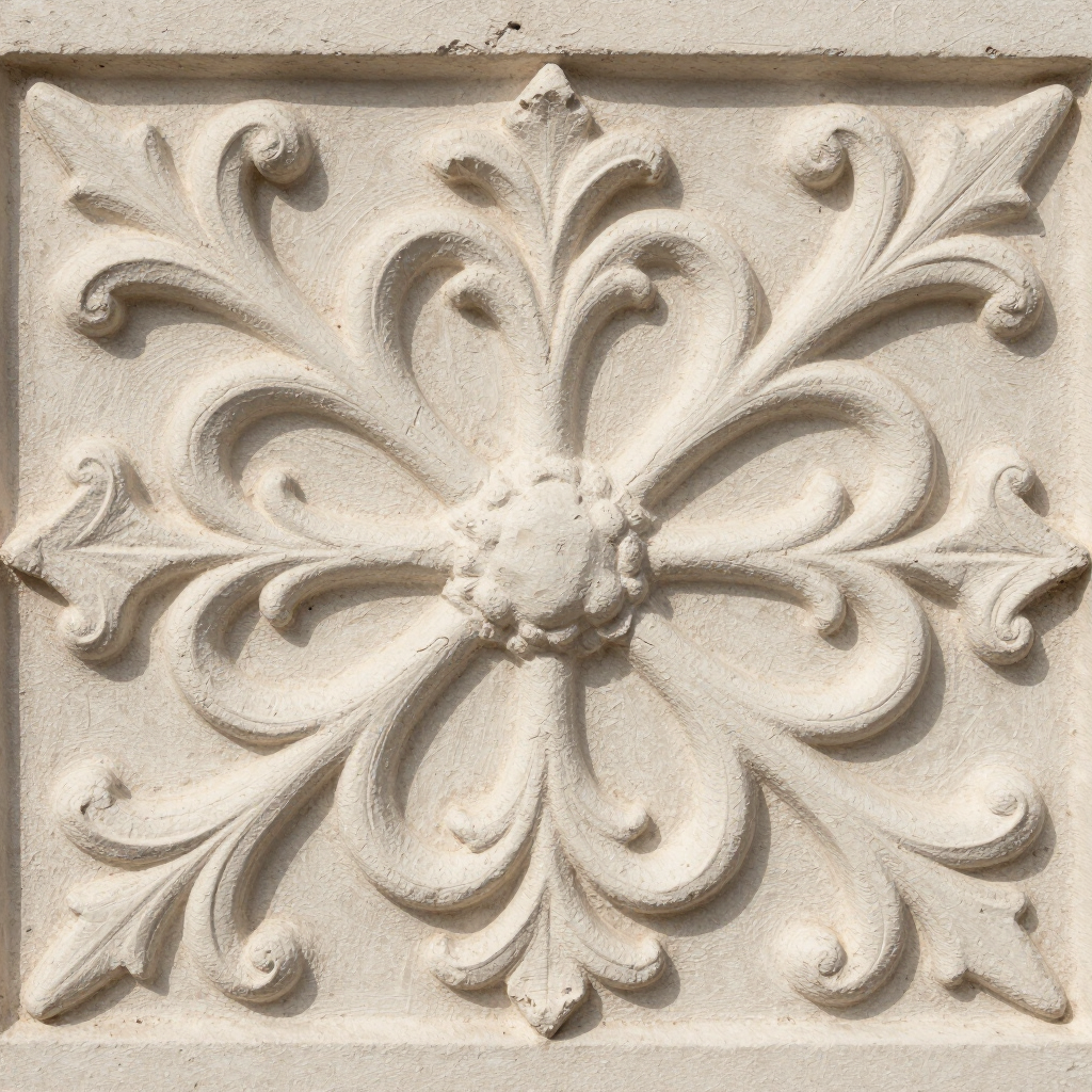 Beige decoratieve tegel met bloemenmotief in steenreliëf, symmetrisch krulwerk en een centrale rozet.