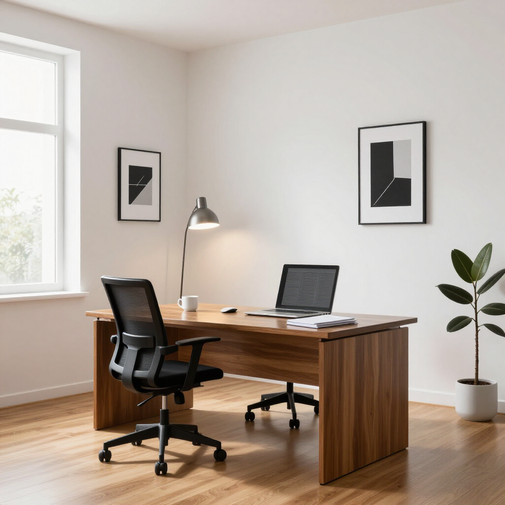 Minimalistisch modern thuiskantoor met houten bureau, zwarte stoel, laptop, lamp, ingelijste kunst en een potplant.